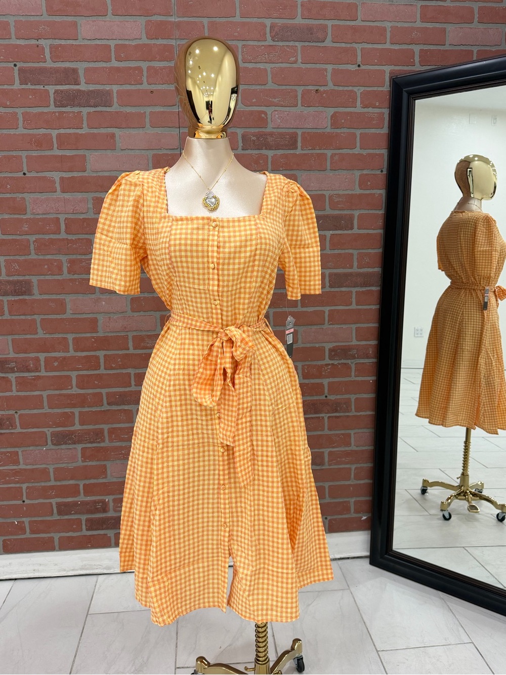 Women's Yellow Gingham Tie-Waist Dress